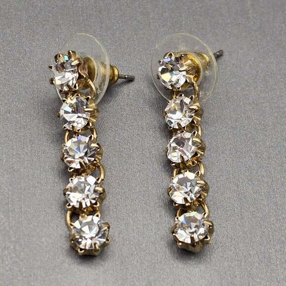 Gold-Tone Statement Necklace & Drop Earrings Set w/ Prong Set Clear Rhinestones - Picture 3 of 13